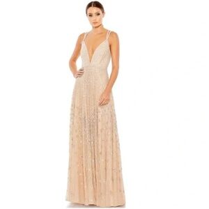 MAC DUGGAL NWT A Line Evening Dress 93701 | Nude Silver